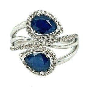 14K GOLD BLUE SAPPHIRE AND DIAMOND BYPASS RING